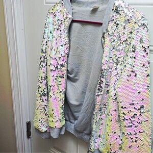 Wonder Nation Girls XL Flip Sequin Bomber Jacket Full Zip Multicolor Silver Gray